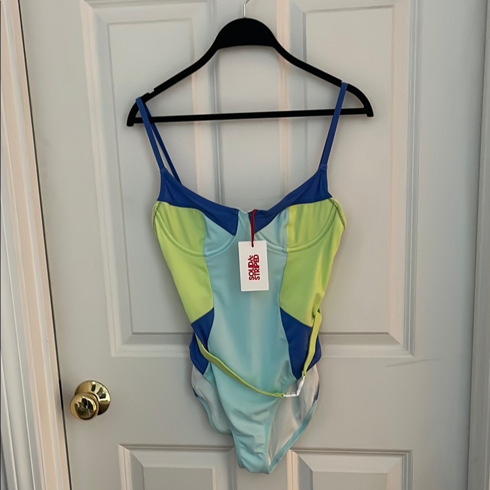 NWT! Solid & Striped Vibrant Blue and Green Color-Block One Piece Swimsuit. Med